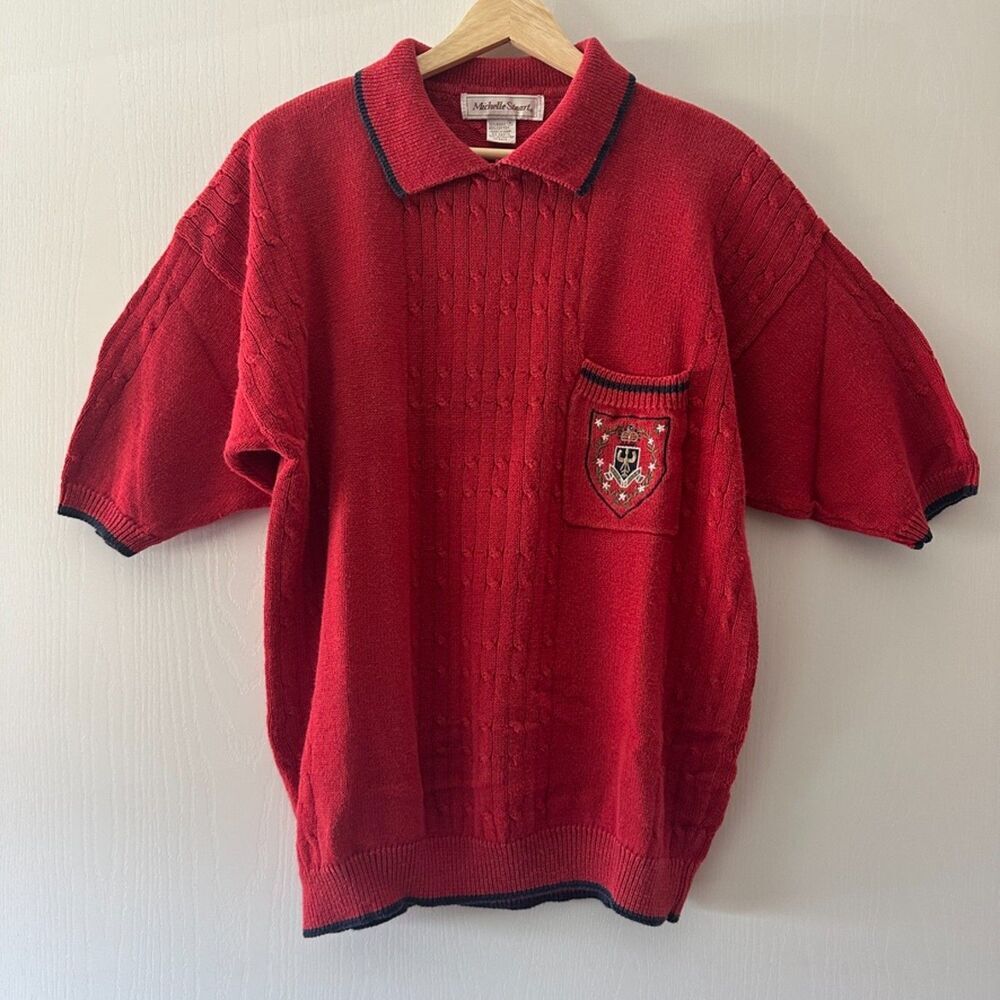 Vintage Michelle Stuart Red Knit Polo Sweater Embroidered Crest Short Sleeve Med